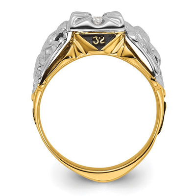 14K Two-tone Men's Polished and Textured with Black Enamel and Diamond Masonic Ring