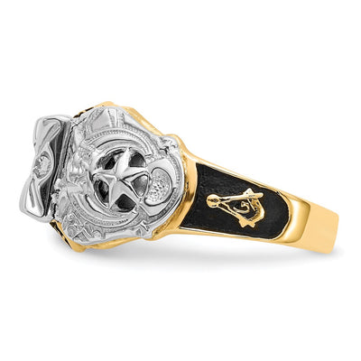 14K Two-tone Men's Polished and Textured with Black Enamel and Diamond Masonic Ring