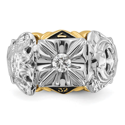 14K Two-tone Men's Polished and Textured with Black Enamel and Diamond Masonic Ring