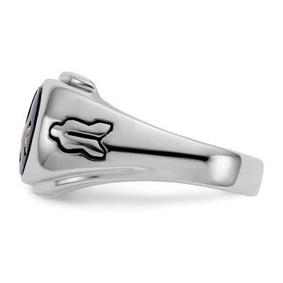 14K White Gold Men's Polished, Antiqued and Grooved with Imitation Blue Spinel Masonic Ring
