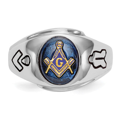 14K White Gold Men's Polished, Antiqued and Grooved with Imitation Blue Spinel Masonic Ring