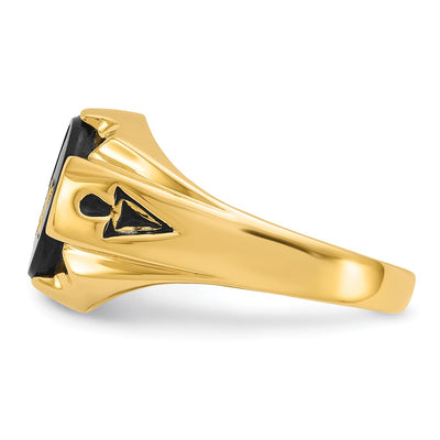 14K Men's Polished, Antiqued and Grooved with Oval Onyx Masonic Ring