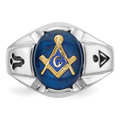 14K White Gold Men's Polished, Antiqued and Grooved with Imitation Blue Spinel Masonic Ring