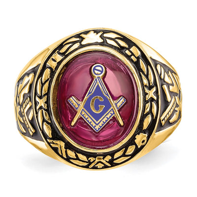 14K Men's Polished, Antiqued and Textured with Lab Created Ruby Masonic Ring