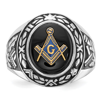 14K White Gold Men's Polished, Antiqued and Textured with Oval Onyx Masonic Ring