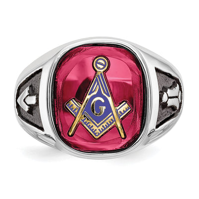 14K White Gold Men's Polished and Textured with Black Enamel and Lab Created Ruby Masonic Ring