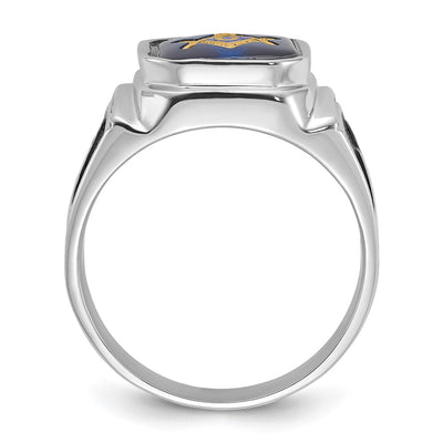 14K White Gold Polished and Textured with Black Enamel and Imitation Blue Spinel Masonic Ring