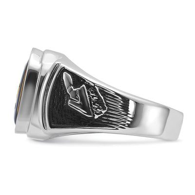 14K White Gold Polished and Textured with Black Enamel and Imitation Blue Spinel Masonic Ring