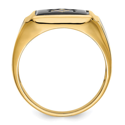 14K Men's Polished and Textured with Black Enamel and Onyx Masonic Ring