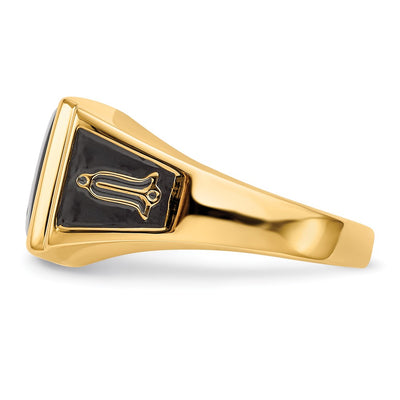 14K Men's Polished and Textured with Black Enamel and Onyx Masonic Ring