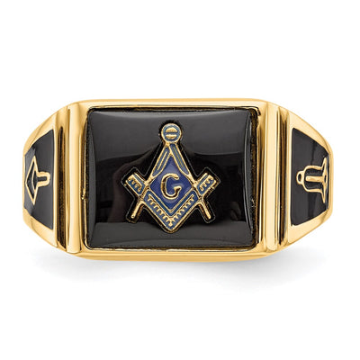 14K Men's Polished and Textured with Black Enamel and Onyx Masonic Ring