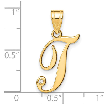 14K Yellow Gold Script Letter Initial Pendant with Diamond Accent Jewelry Charm Necklace, 19.13 x 13.54mm