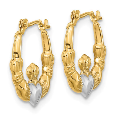 14K w/White Rhodium Polished Claddagh Hoops