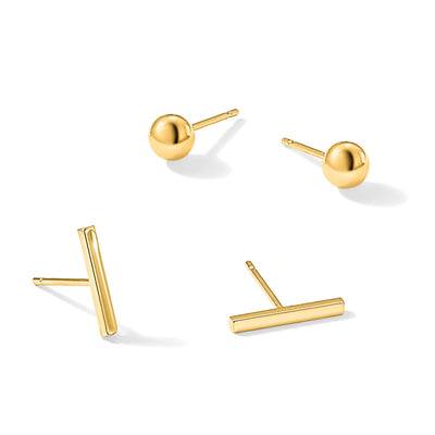 14K Bar and Ball Post Earrings Set