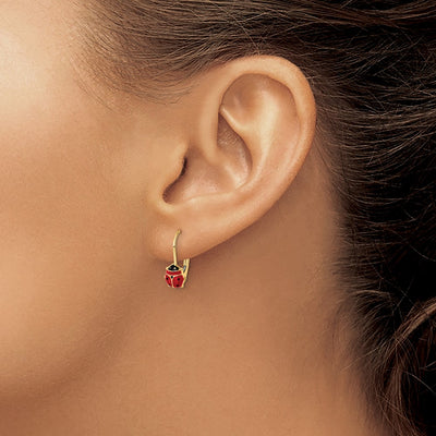 14K Polished Enameled Ladybug Leverback Earrings