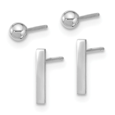 14K White Gold Polished Ball and Bar Earring Set
