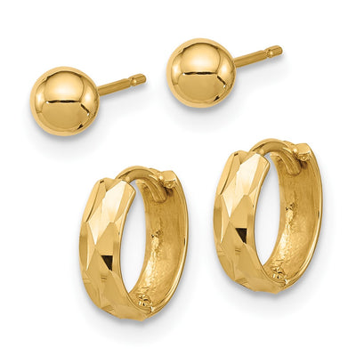 14K Polished Ball and Diamond Cut Hoop Set