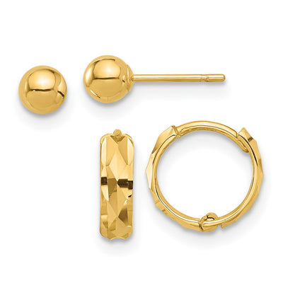 14K Polished Ball and Diamond Cut Hoop Set
