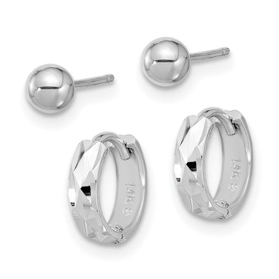 14K White Gold Polished Ball and D/C Hinged Hoop Earring Set