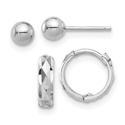 14K White Gold Polished Ball and D/C Hinged Hoop Earring Set