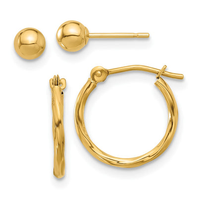14K Polished Ball and Twisted Hoop Earring Set
