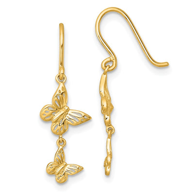 14K Polished Double Butterfly Shepherd Hook Dangle Earrings
