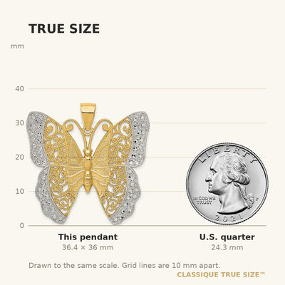 14K w/ Rhodium Solid Polished Diamond-cut Filigree Butterfly Pendant