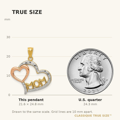 14K Two-tone w/White Rhodium Diamond-cut MOM in Heart w/Heart Pendant