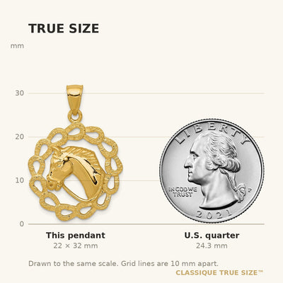 14K Solid Polished Horse Head in Horseshoes Pendant