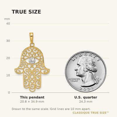 14K and White Rhodium D/C Filigree Hamsa Pendant