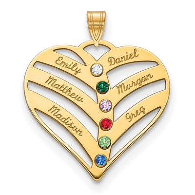 14K Yellow Gold 6-Name w/Birthstones w/14K Bezel Cut Out Heart Pendant