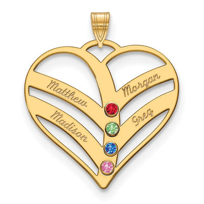 14K Yellow Gold 4-Name w/Birthstones w/14K Bezel Cut Out Heart Pendant