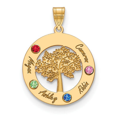 14K Yellow Gold Family Tree in Circle 4 Names and Birthstones w/ 14K Bezel Pendant