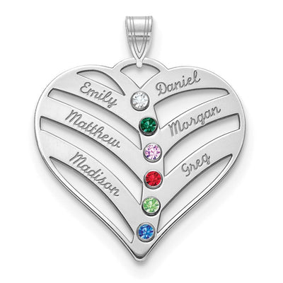 14K White Gold 6-Name w/Birthstones w/18K Rhod-plated Bezel Cut Out Heart Pendant