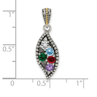 Sterling Silver Antique w/14K 5-stone w/Diamond Family Pendant w/18in Chain