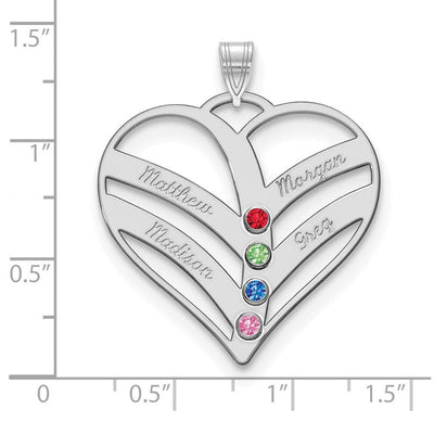 14K White Gold 4-Name w/Birthstones w/18K Rhod-plated Bezel Cut Out Heart Pendant