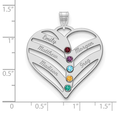 14K White Gold 5-Name w/Birthstones w/18K Rhod-plated Bezel Cut Out Heart Pendant