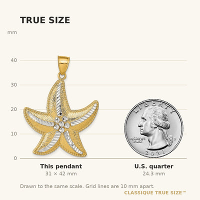 14K and Rhodium Diamond-Cut Textured Starfish Pendant