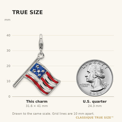 Amore La Vita Sterling Silver Rhodium-plated Polished Reversible Enameled American Flag Charm with Fancy Lobster Clasp