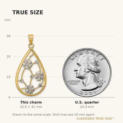 14K w/ White Rhodium Flowers In Teardrop Frame Charm