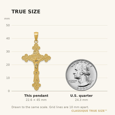 14K Polished Textured INRI Crucifix Fleur de Lis Pendant