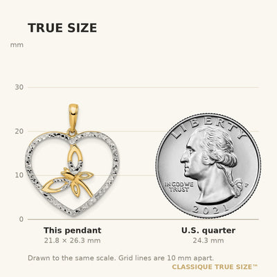 14K and White Rhodium Diamond-cut Dragonfly in Heart Pendant
