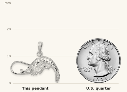 Classique True Size: De-Ani Sterling Silver Rhodium-Plated Polished 3D Shrimp Pendant shown next to a US quarter (24.3 mm)
