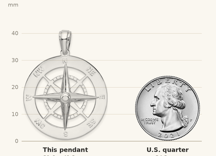Classique True Size: De-Ani Sterling Silver Rhodium-Plated Polished Large Nautical Compass Pendant shown next to a US quarter (24.3 mm)
