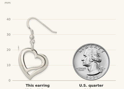 Classique True Size: Sterling Silver Polished Two piece Open Heart Shepherd Hook Earrings shown next to a US quarter (24.3 mm)