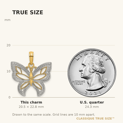 14K w/Rhodium Butterfly w/ White Beaded Wings Charm, 22.8 x 19.95mm