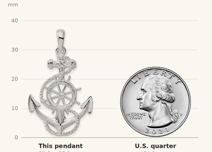 Classique True Size: De-Ani Sterling Silver Rhodium-Plated Polished Anchor with Ships Wheel Pendant shown next to a US quarter (24.3 mm)
