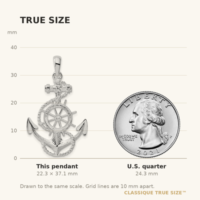 De-Ani Sterling Silver Rhodium-Plated Polished Anchor with Ships Wheel Pendant