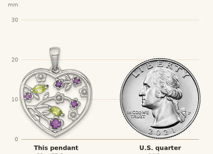 Classique True Size: Sterling Silver Rhodium-plated Polished Amethyst and Peridot Flowers in Heart Pendant shown next to a US quarter (24.3 mm)