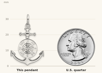 Classique True Size: De-Ani Sterling Silver Rhodium-Plated 3D Small Anchor with Compass Pendant shown next to a US quarter (24.3 mm)